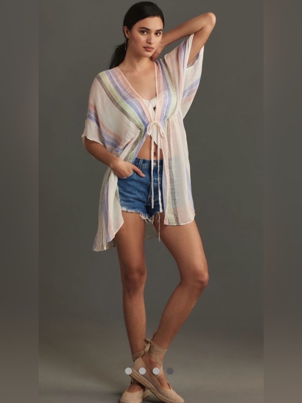 Anthropologie Yarn Dye Striped Cardigan Kaftan Swim Cover OS Neutral